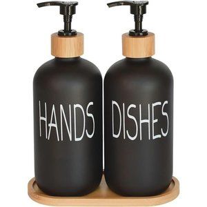 Glass Soap Dispenser Set.Hand and Dish with Bamboo Tray.Vintage Pump for Kitchen